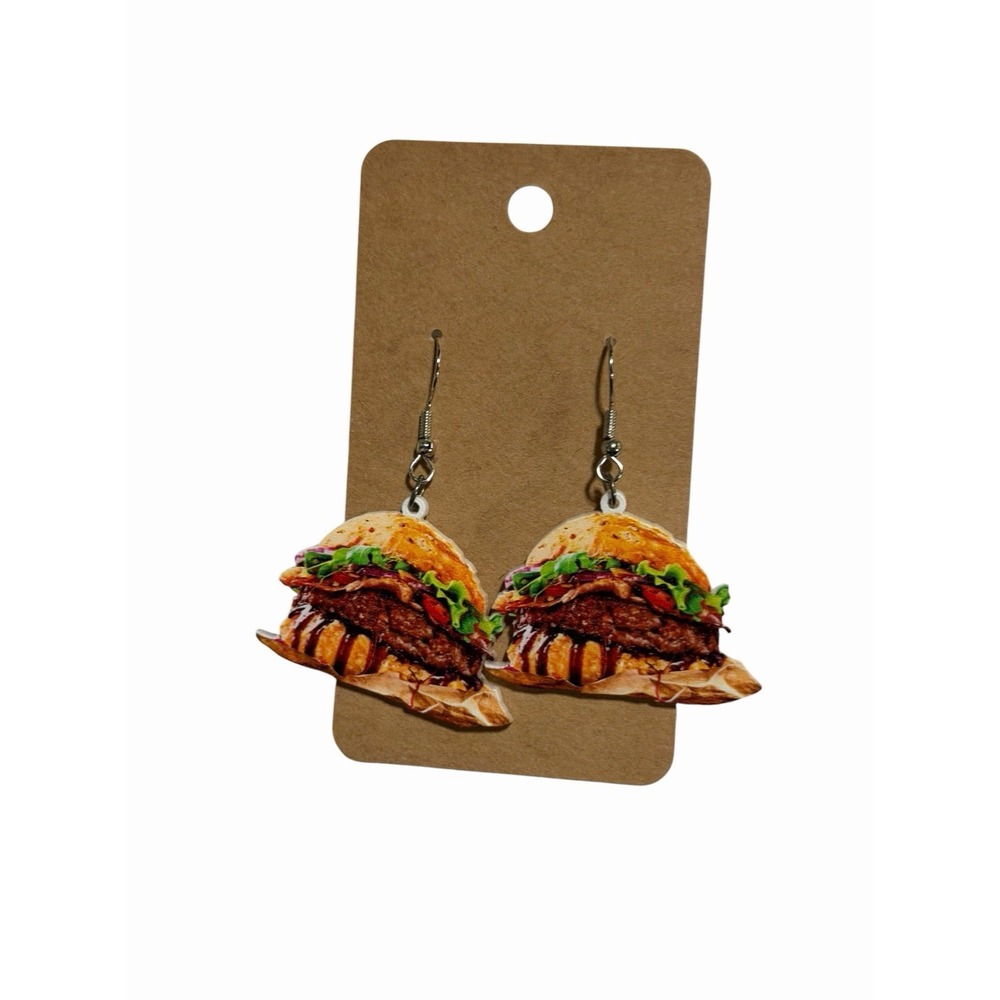 Handmade Realistic Burger Drop Earrings Novelty Food Jewelry Brown Multi